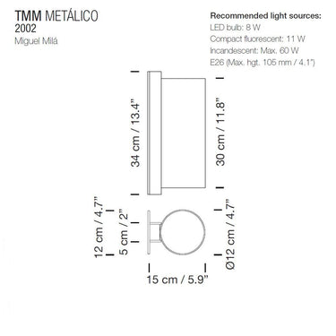 Line drawing of Santa & Cole TMM Metálico wall lamp with satin nickel frame and white diffuser