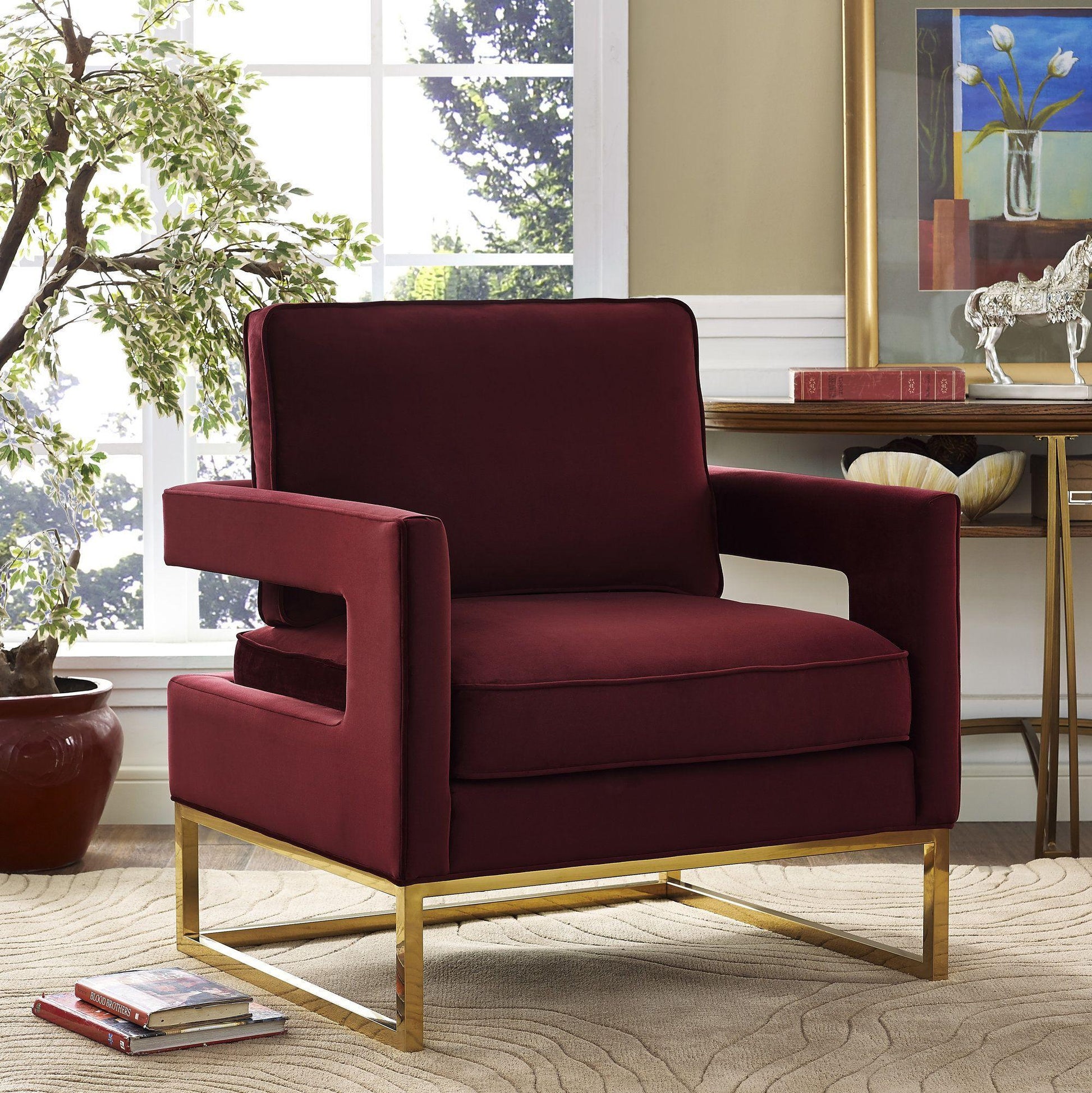 Tov Furniture Avery Maroon Velvet Chair With Polished Gold Base