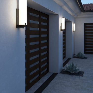 Die-cast aluminum Cosmo sconce, charcoal finish, weather resistant outdoor wall light