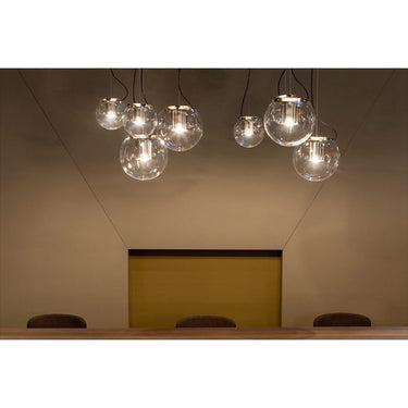 Oluce The Globe 828 glass pendant light with cylindrical metal reflector