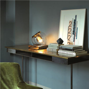 Modern designer Globe Table Lamp by Oluce in satin gold and blown glass for hotel interiors