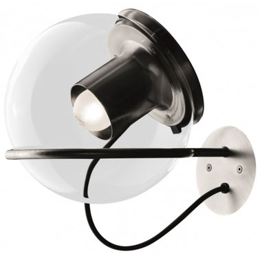 Joe Colombo designed Globe Wall Lamp by Oluce in satin nickel for modern office interiors