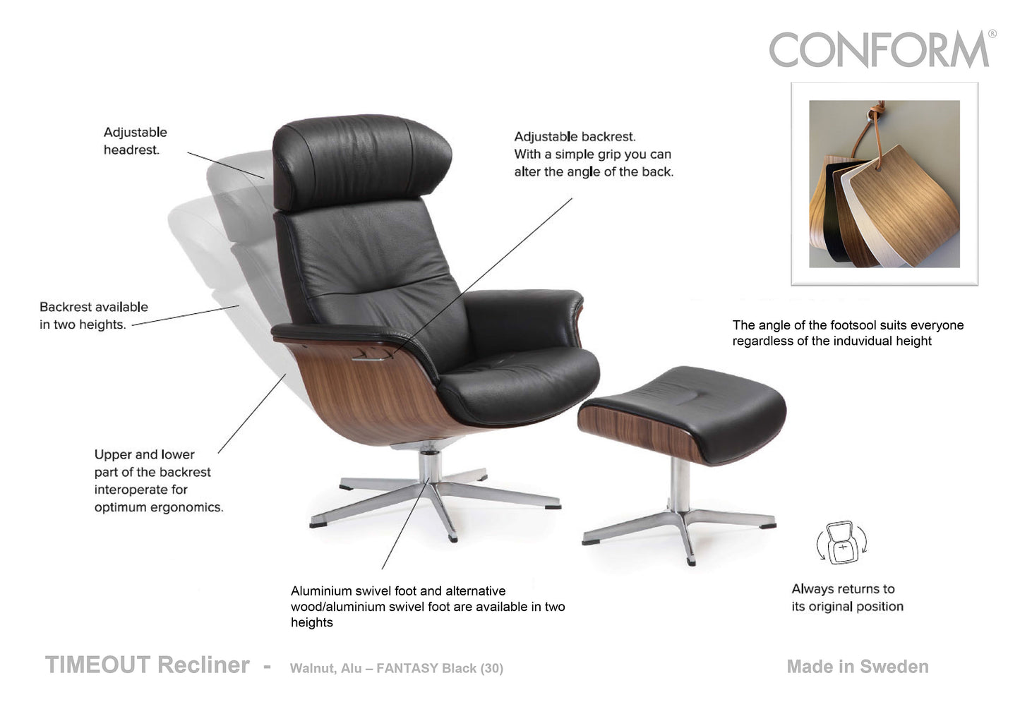 Conform Recliner Timeout in Black Leather with Footstool
