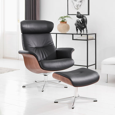 Conform Timeout ergonomic swivel recliner in black Italian leather with coordinating footstool