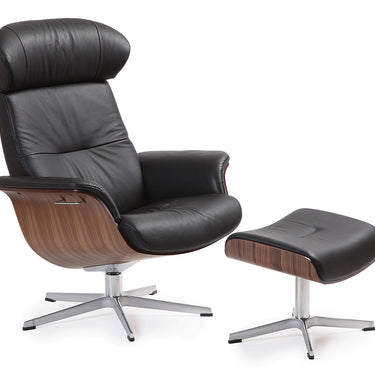 Conform Timeout leather swivel recliner in Fantasy Black Leather with matching footstool and walnut beech frame