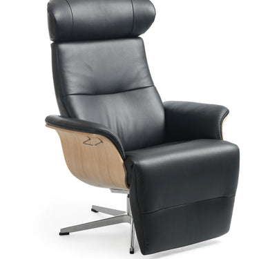 Conform Sweden Timeout recliner in premium black Italian leather with matching footstool