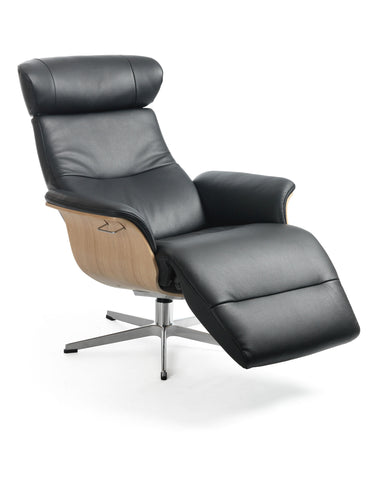 Timeout luxury black leather recliner with footstool and walnut frame by Conform Sweden
