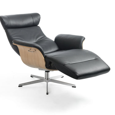 Scandinavian black leather recliner chair with walnut base and ergonomic footstool