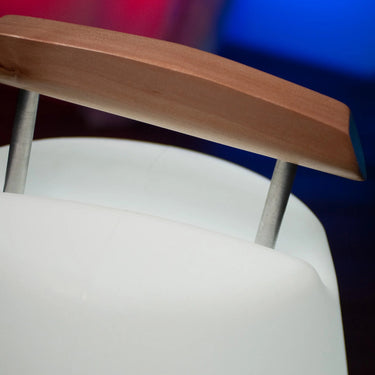 Close-up of the wooden handle on a white Vessel 2 Bluetooth LED Cordless Lamp by Smart & Green under red and blue light - LoftModern