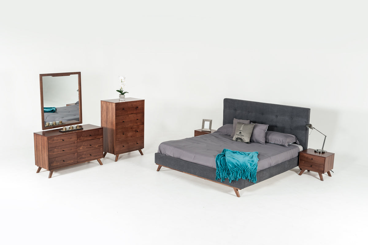VIG Furniture Modrest Addison Midcentury Grey Fabric Walnut Bed