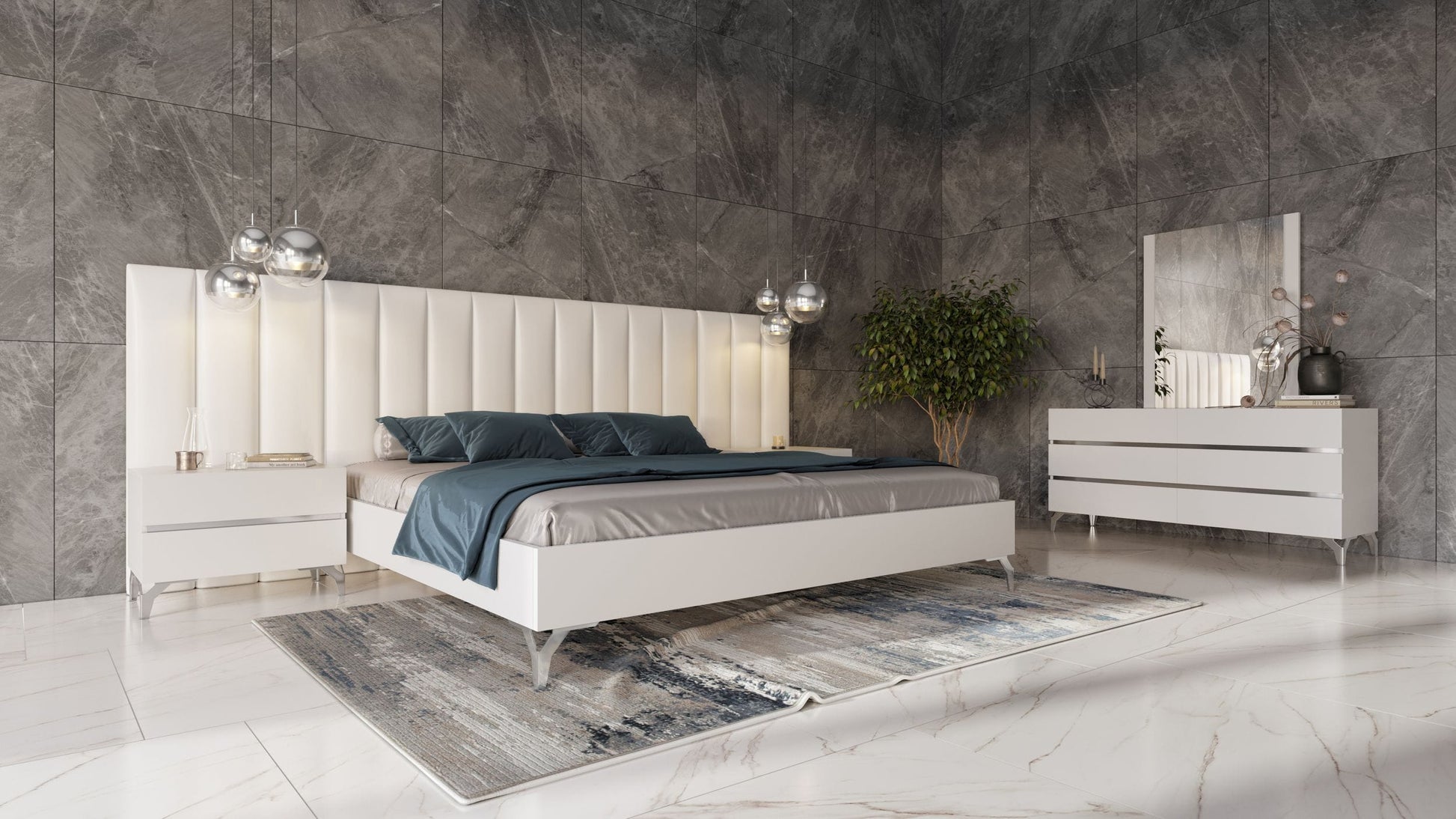 VIG Furniture Nova Domus Angela Italian White Leather Bed Nightstands Wings