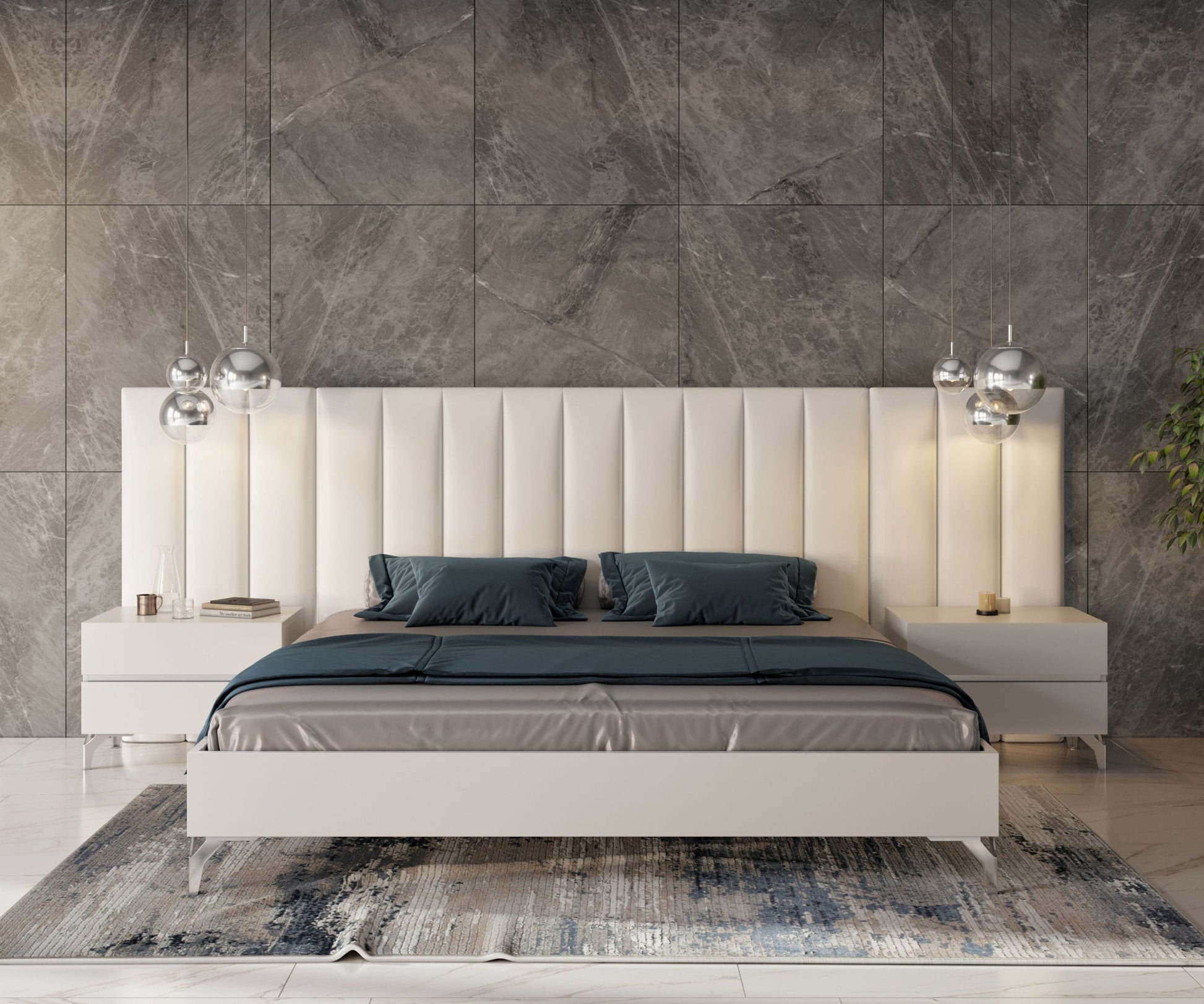 VIG Furniture Nova Domus Angela Italian White Leather Bed Nightstands Wings