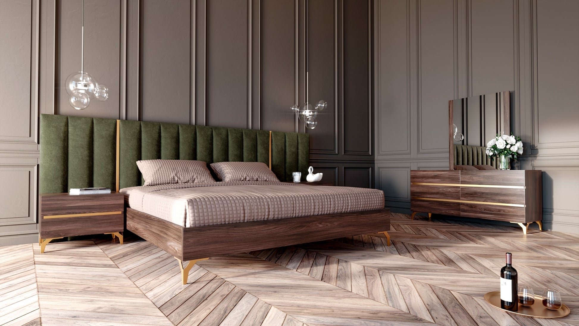 VIG Furniture Nova Domus Calabria Walnut Green Velvet Bedroom Set