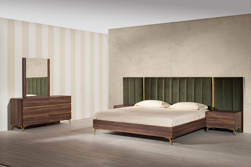 VIG Furniture Nova Domus Calabria Walnut Green Velvet Bed Nightstands
