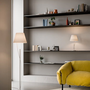 Floating shade table lamp with dimmable LED light for home and hotel decor