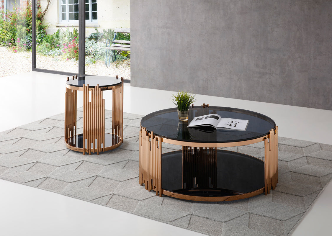 VIG Furniture Modrest Bryce Smoked Glass Rosegold Round End Table
