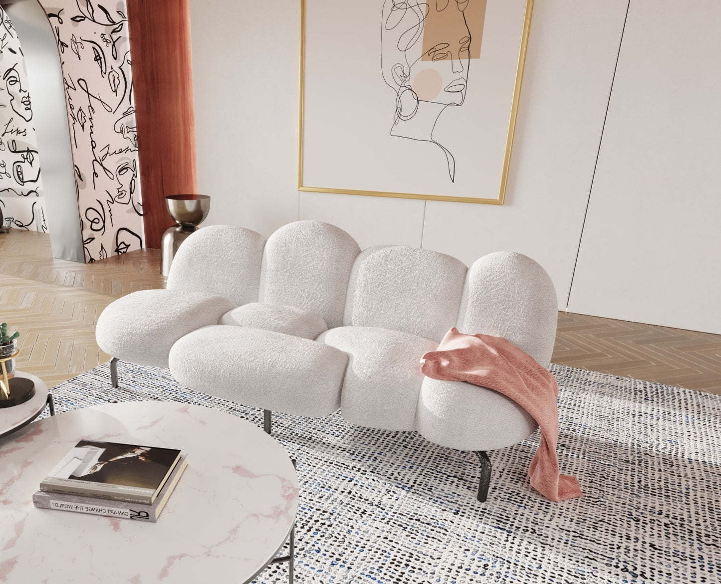 VIG Furniture Divani Casa Glaster White Sherpa 88" Bubble Sofa