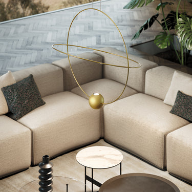 Modern black and gold LED pendant light with adjustable rings for luxury interiors