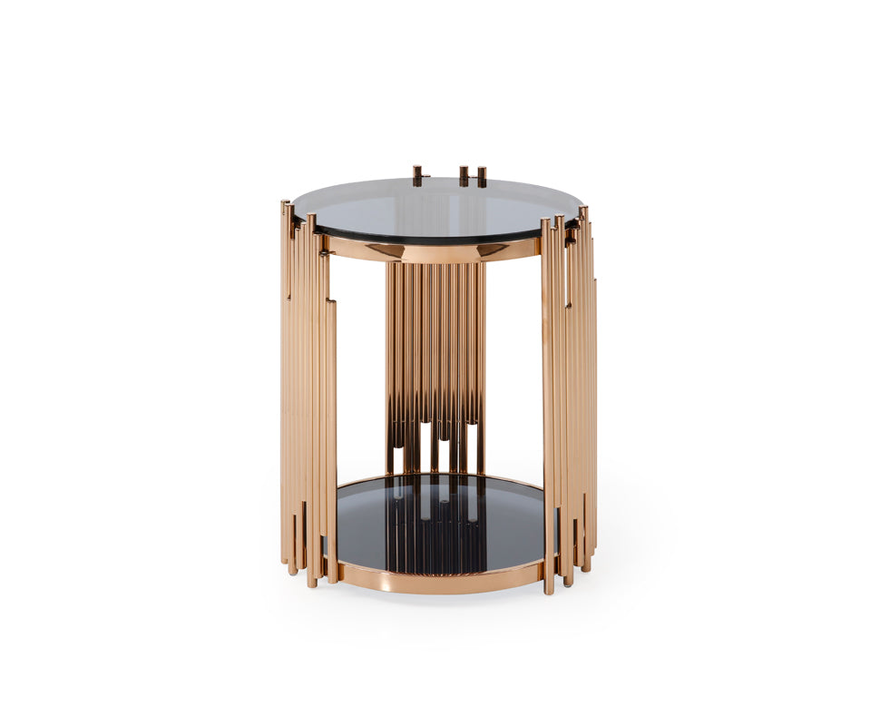 VIG Furniture Modrest Bryce Smoked Glass Rosegold Round End Table