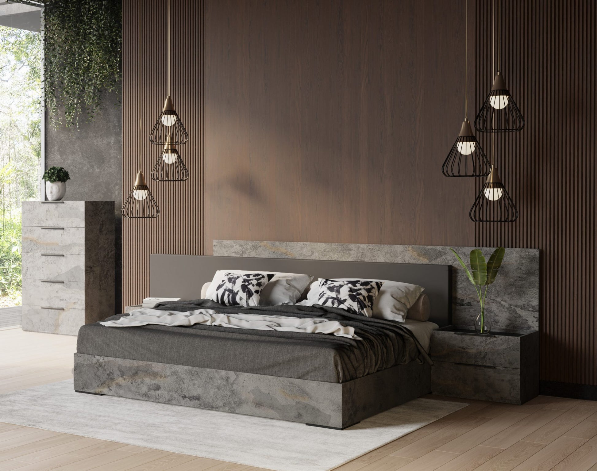 VIG Furniture Nova Domus Ferrara Volcano Oxide Grey Bed Nightstands