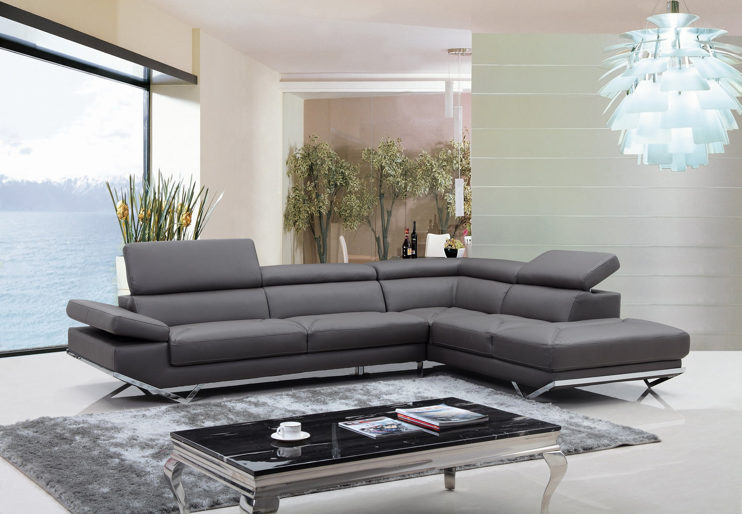 VIG Furniture Divani Casa Quebec Dark Grey Leather Right Sectional Sofa