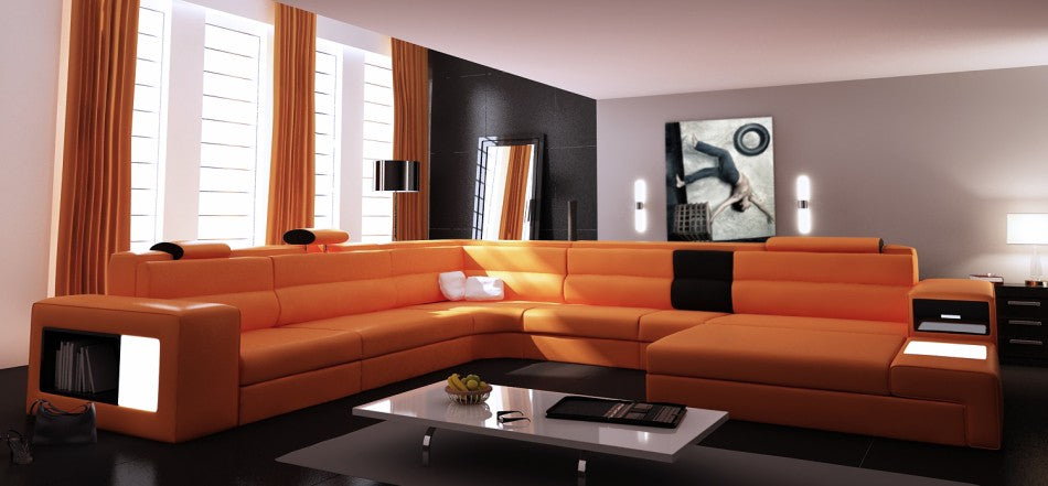 VIG Furniture Divani Casa Polaris Orange Bonded Leather Sectional Sofa Lights