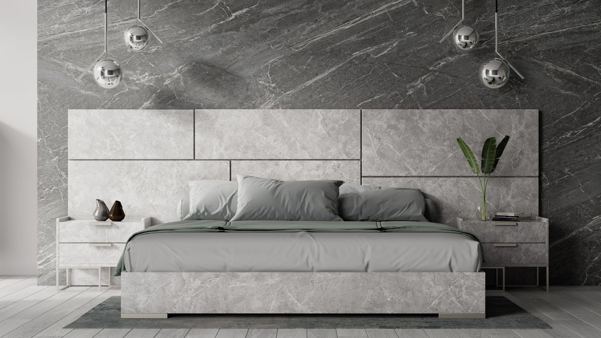 VIG Furniture Nova Domus Marbella Italian Grey Marble Bed 2 Nightstands