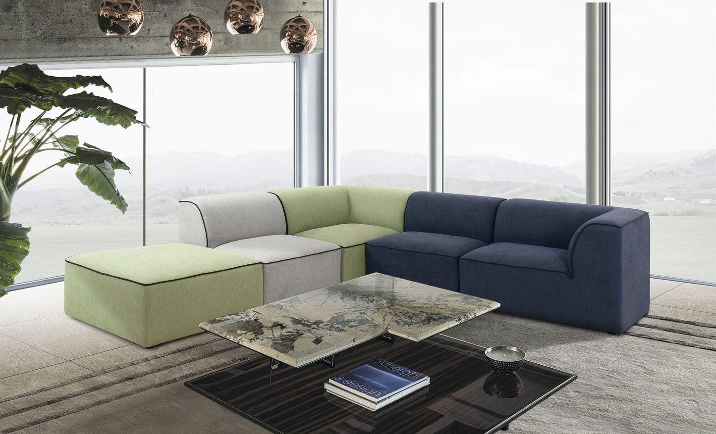 VIG Furniture Divani Casa Polo Green Blue Grey Fabric Modular Sectional Sofa
