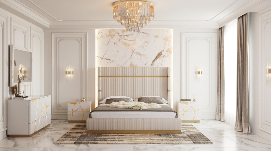 VIG Furniture Modrest Aspen Beige Rose Gold Bed Nightstands