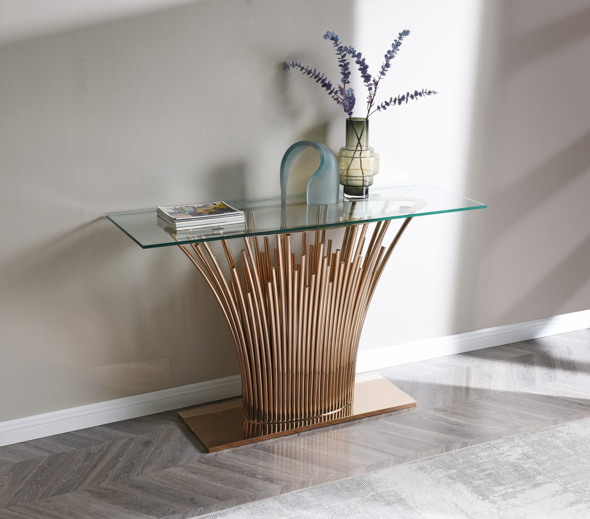 VIG Furniture Modrest Paxton Glass Rosegold Console Table
