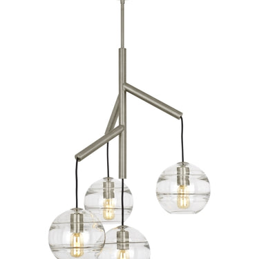 Dimmable Sedona chandelier, satin nickel, clear glass, sophisticated commercial lighting fixture.