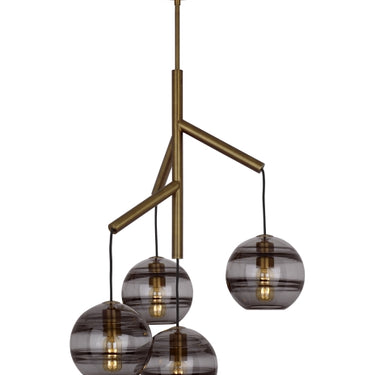 Sedona single chandelier in aged brass  4 hand-blown smoke glass globes, contemporary residential lighting.