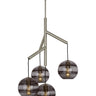 Visual Comfort Sedona chandelier, satin nickle, transparent smoke glass orbs, modern deconstructed design.