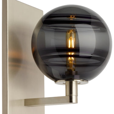 Contemporary smoke orb glass wall sconce in satin nickel finish for hallways and bathrooms
