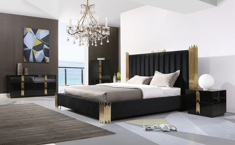 VIG Furniture Modrest Token Black Gold Bed Nightstands